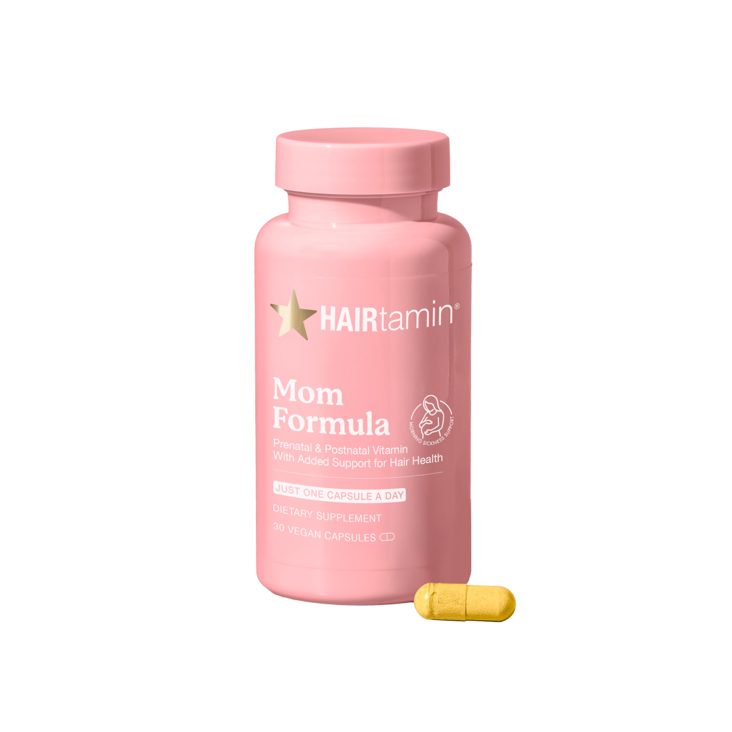 HAIRtamin MOM frente del envase mostrando dosis diaria y beneficio capilar