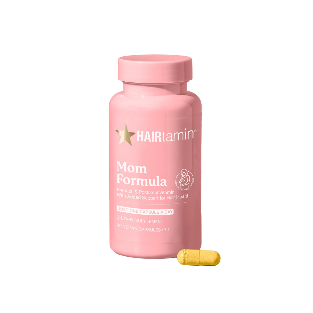HAIRtamin MOM frente del envase mostrando dosis diaria y beneficio capilar