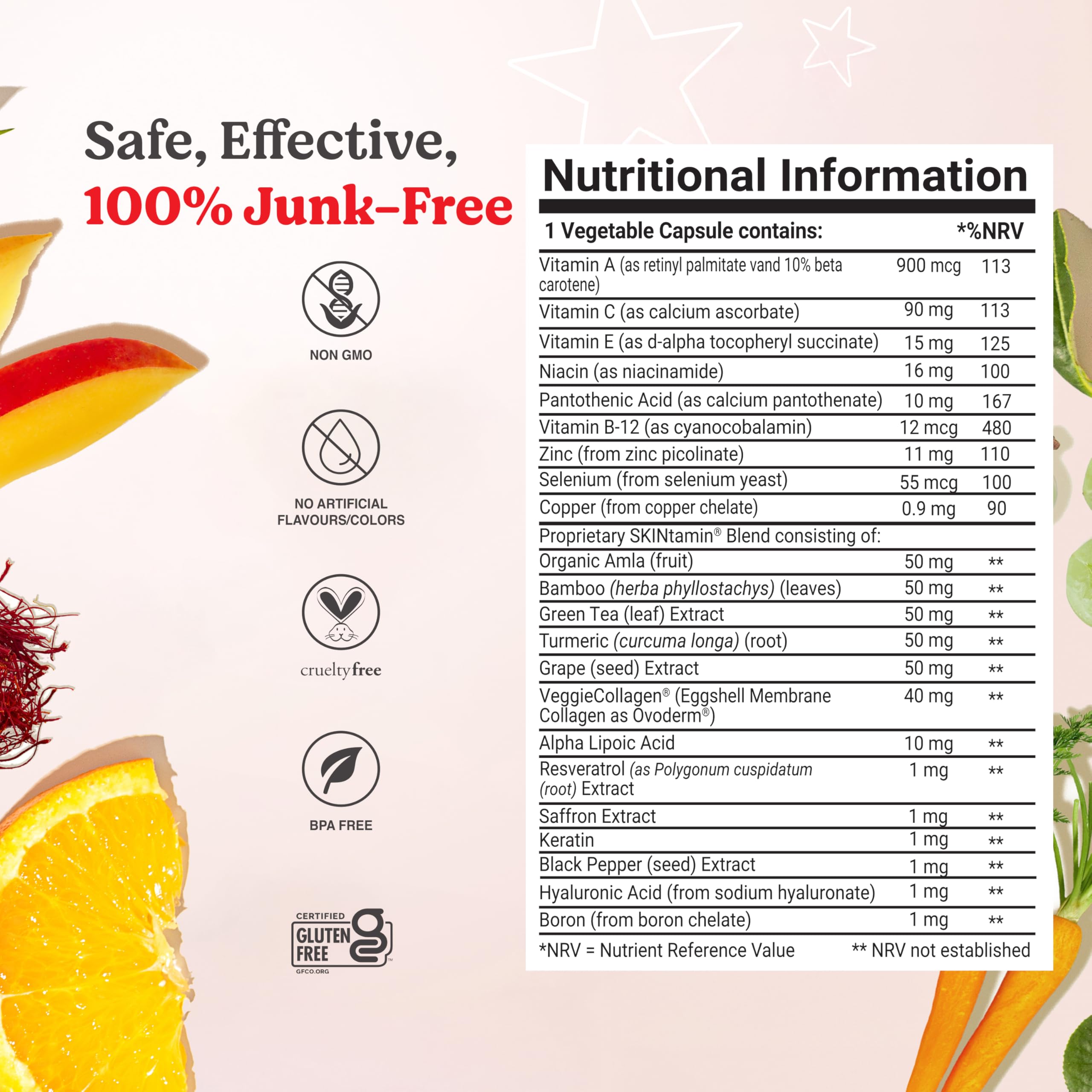 HAIRtamin SKINtamin etiqueta nutricional en primer plano detallando ingredientes