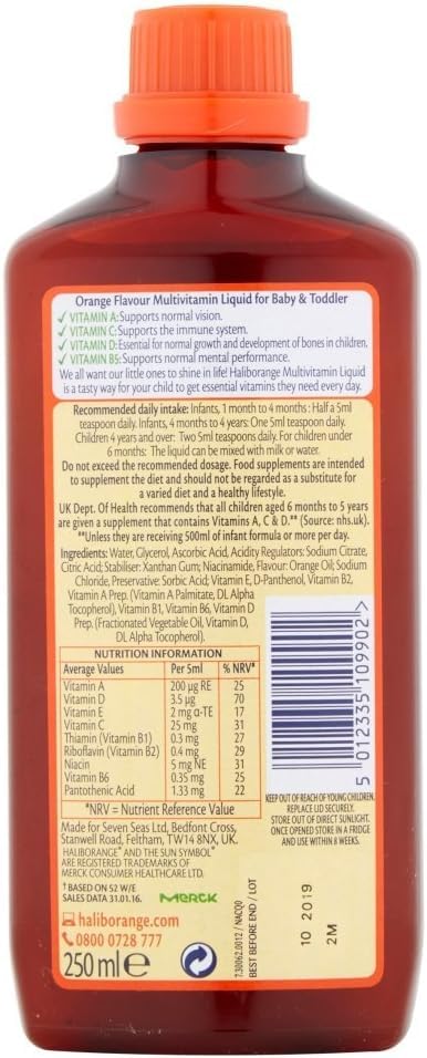 Haliborange detalle de etiqueta con lista de vitaminas y información útil