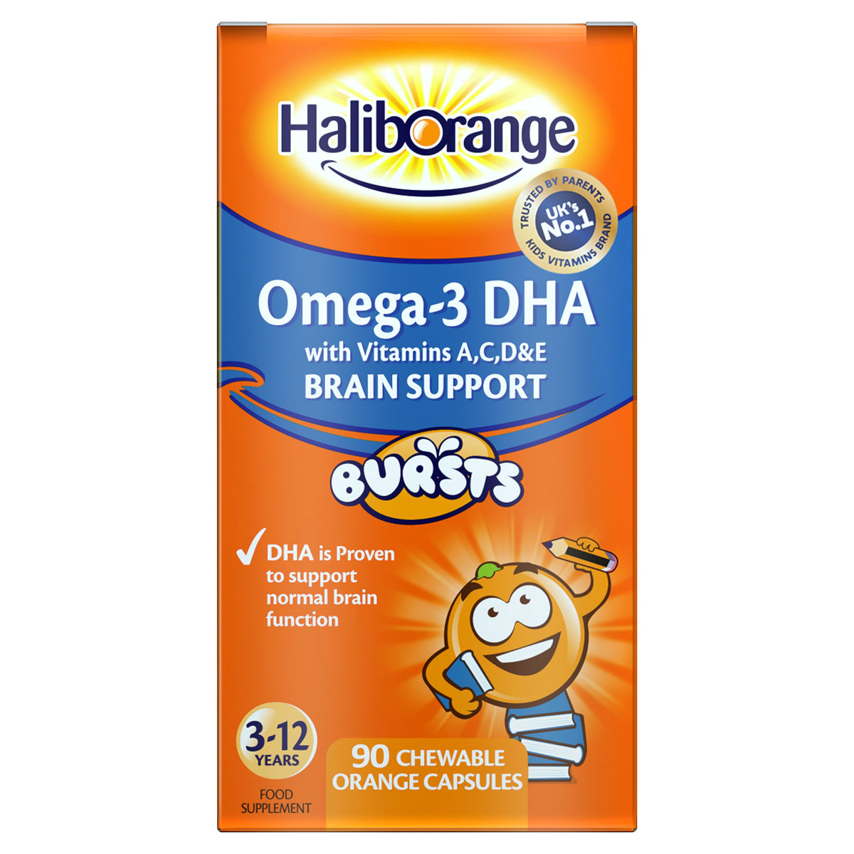 Haliborange envase frontal naranja mostrando 90 cápsulas, fácil identificación