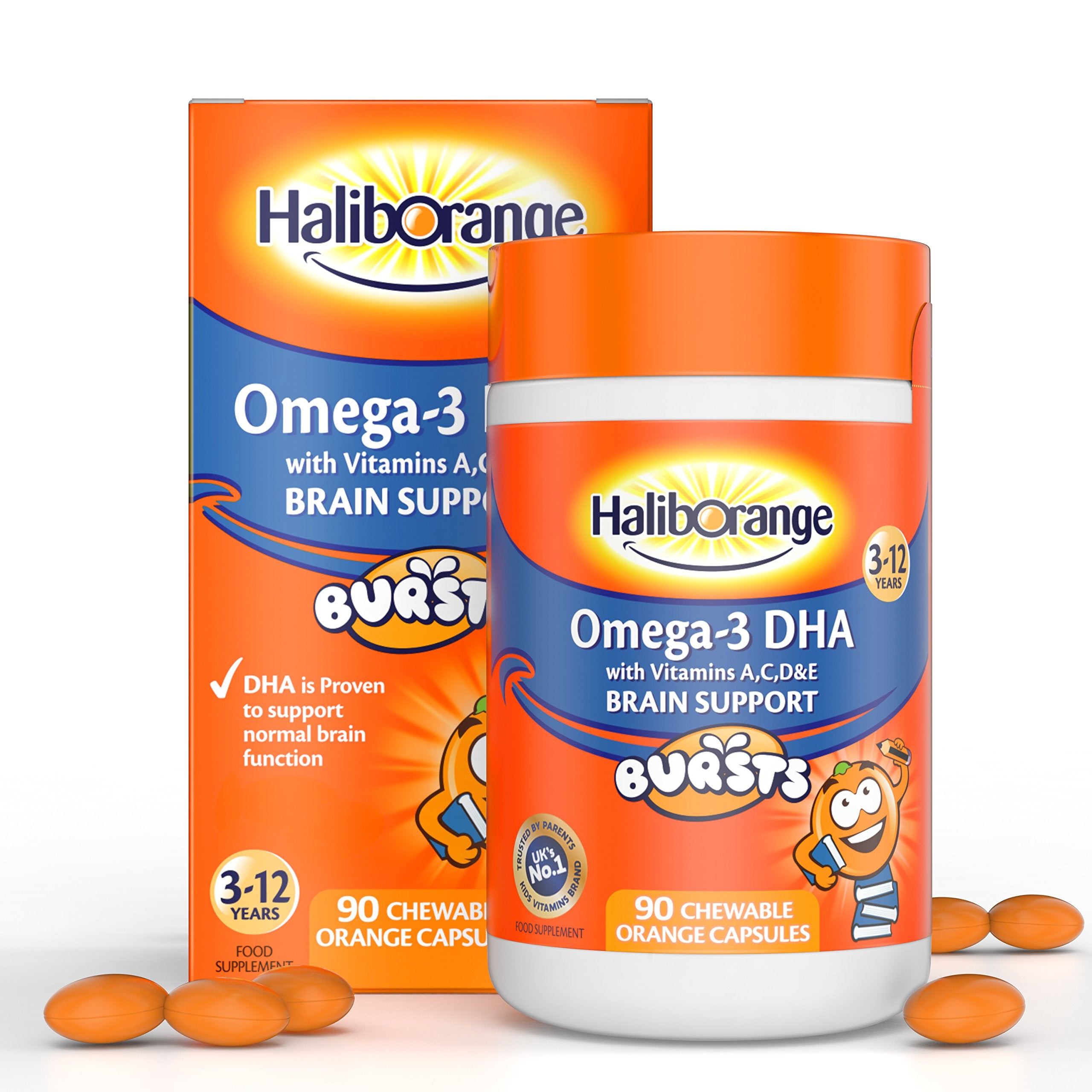 Haliborange primer plano de cápsula masticable, textura atractiva y apetecible