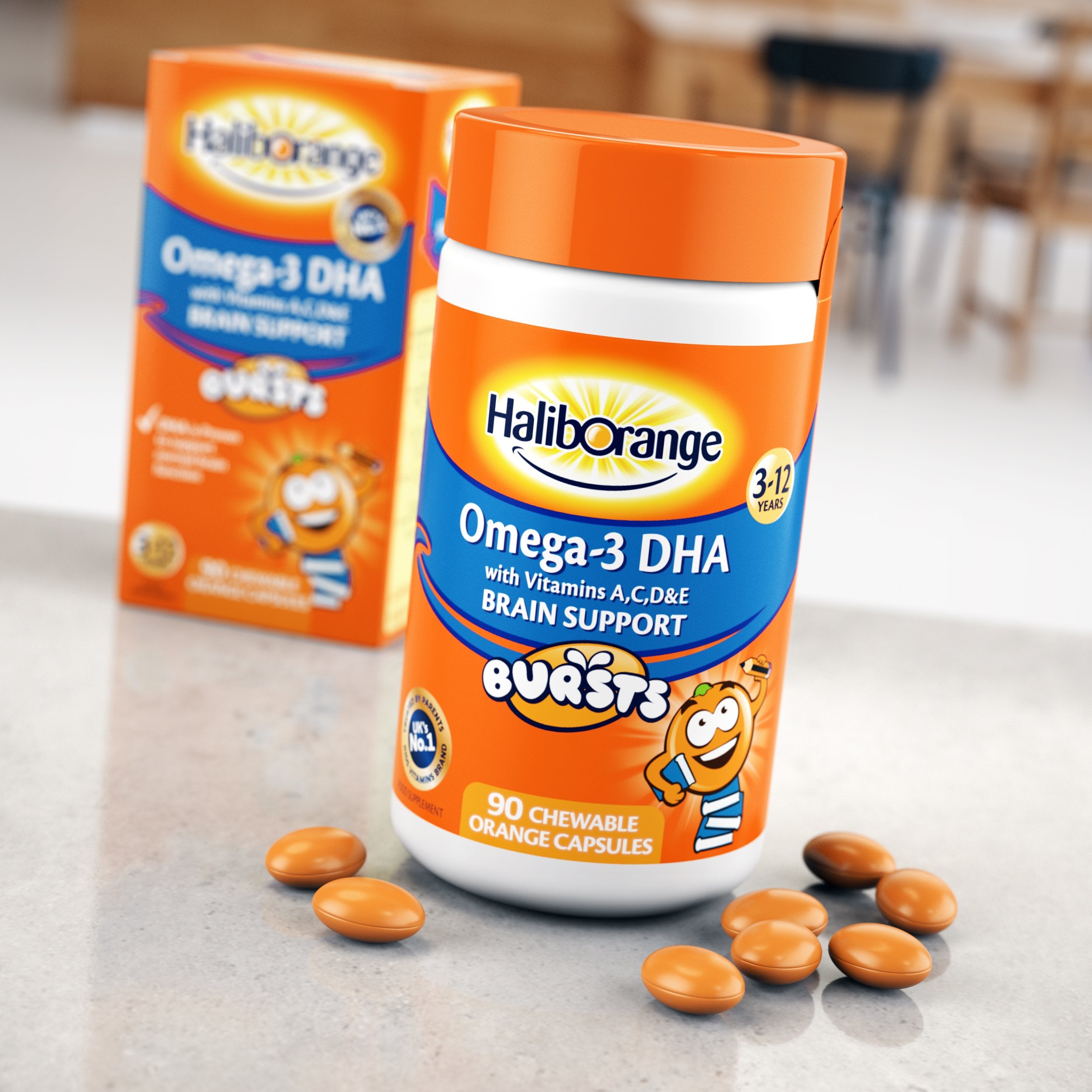 Haliborange producto en mesa de desayuno familiar, integración cotidiana