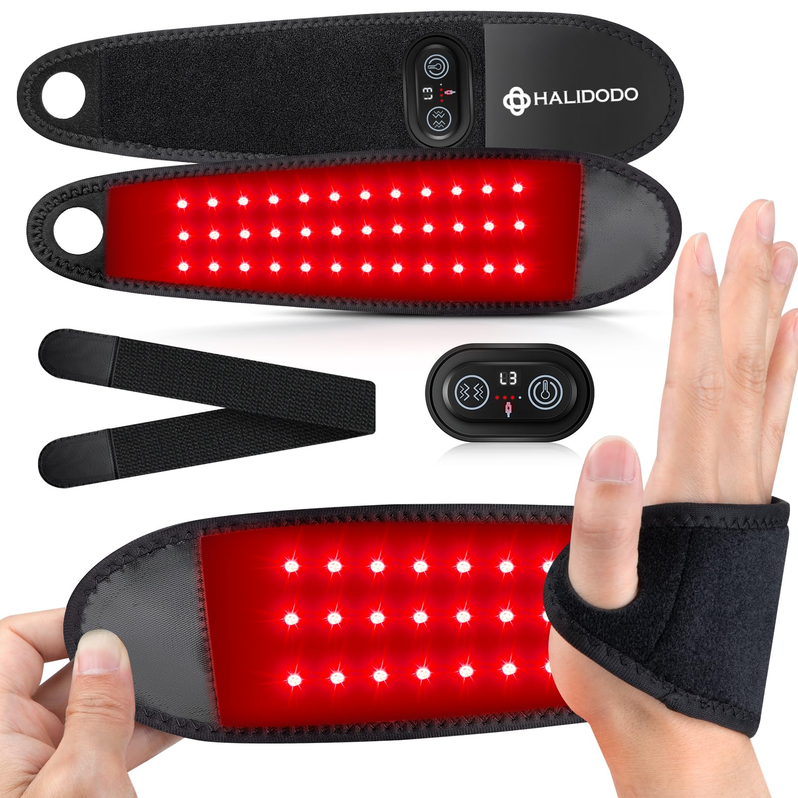 HALIDODO vista frontal del soporte de muñeca con 108 leds para terapia portátil