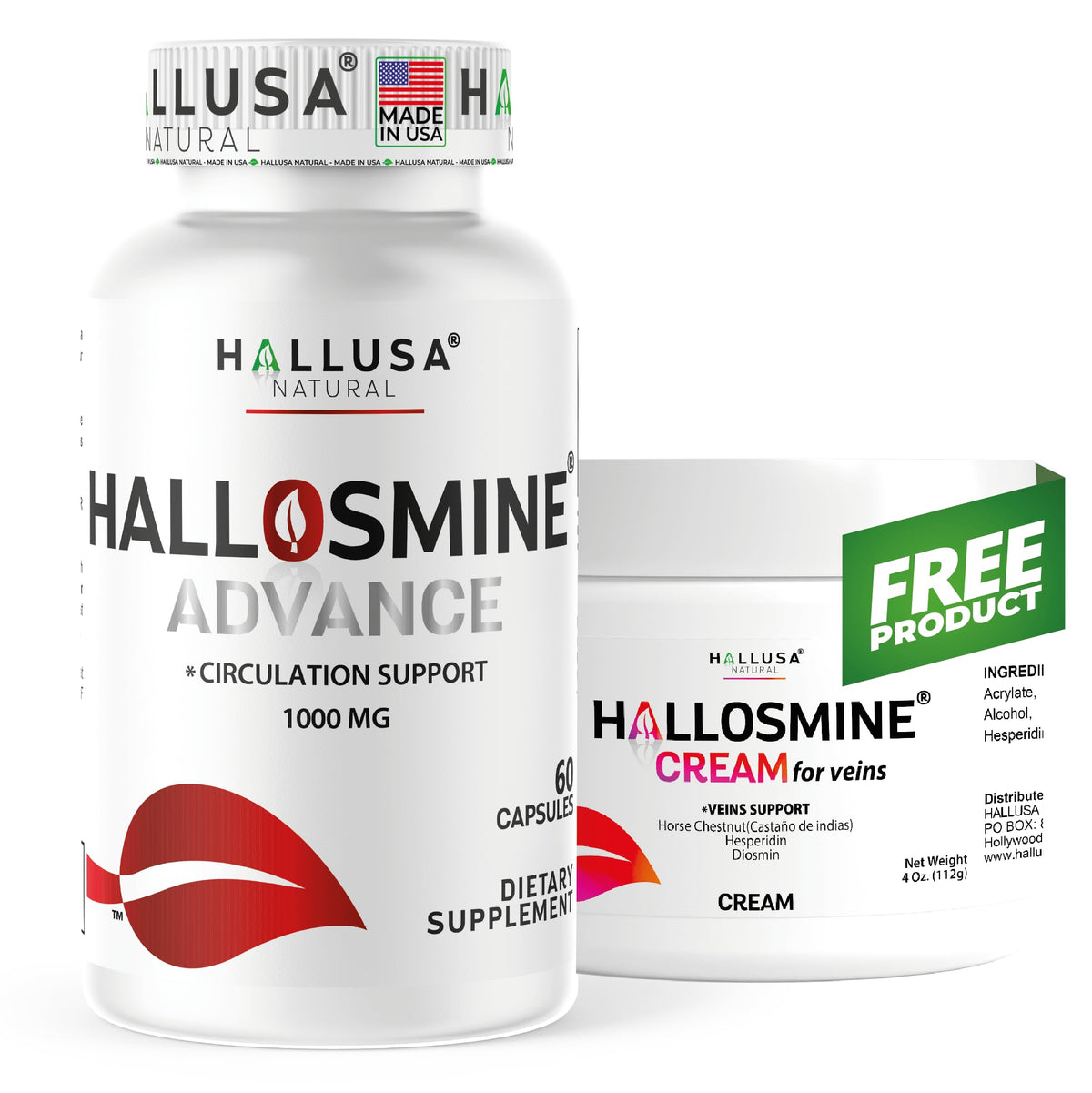 Hallusa Natural botella Hallosmine Advance frente mostrando etiqueta clara y beneficios