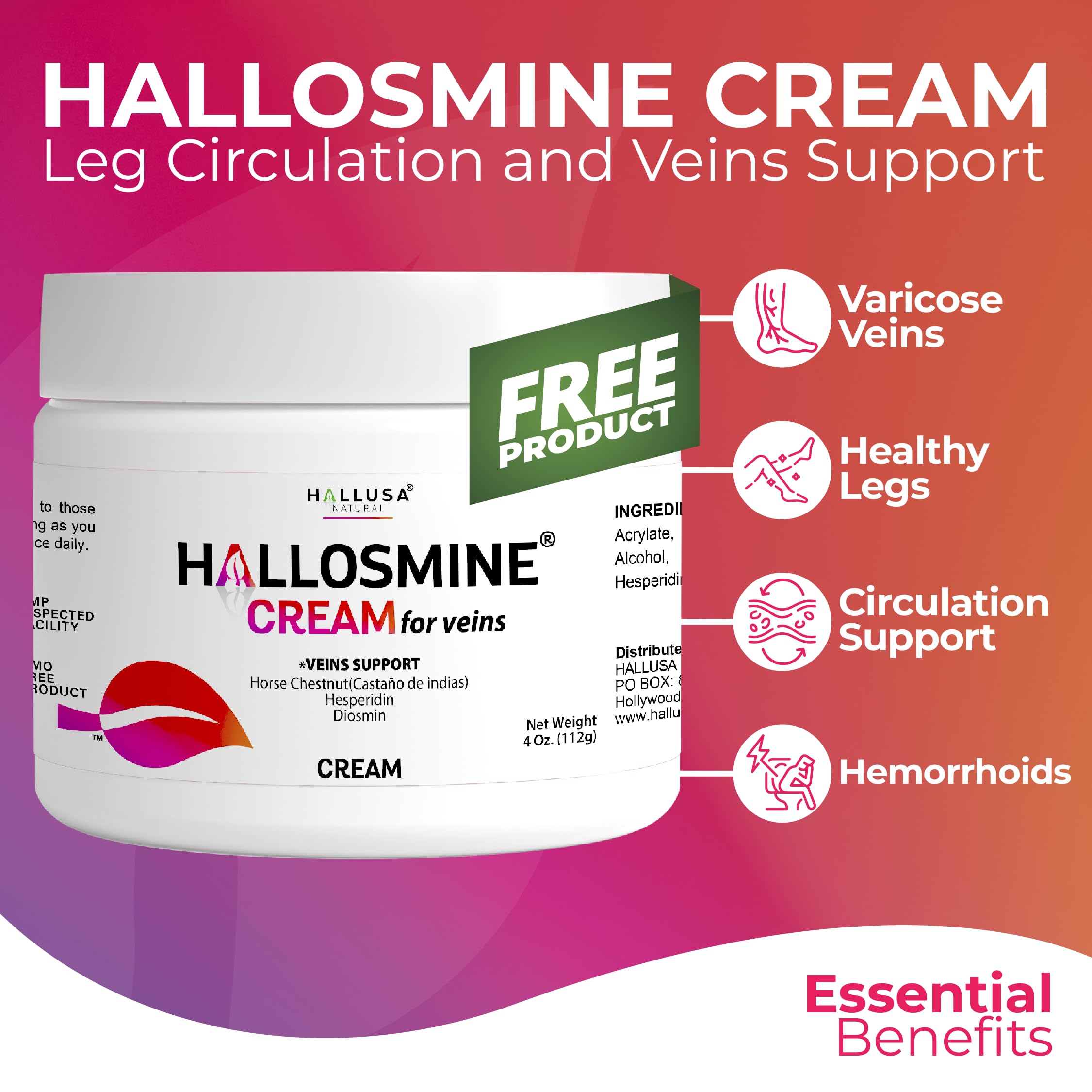 Contenido abierto: cápsulas y crema Hallosmine juntos como rutina completa para piernas