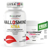 Hallusa Natural envase frontal que muestra Hallosmine Xtra y beneficios para piernas