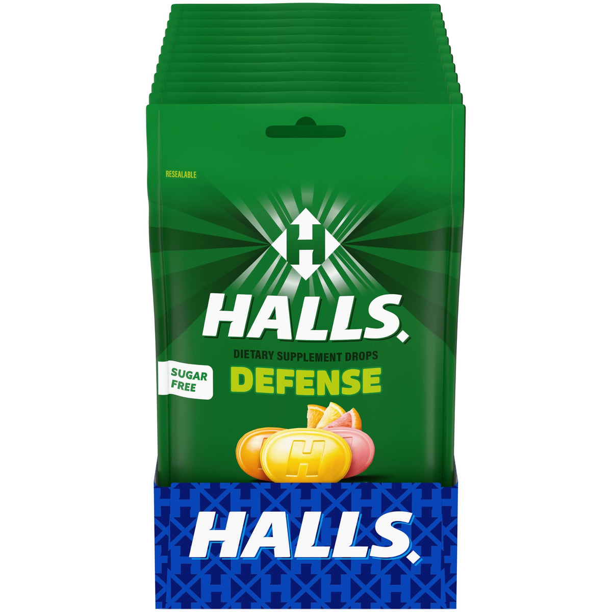 HALLS paquete frontal cítrico con sello resellable, conveniente para llevar