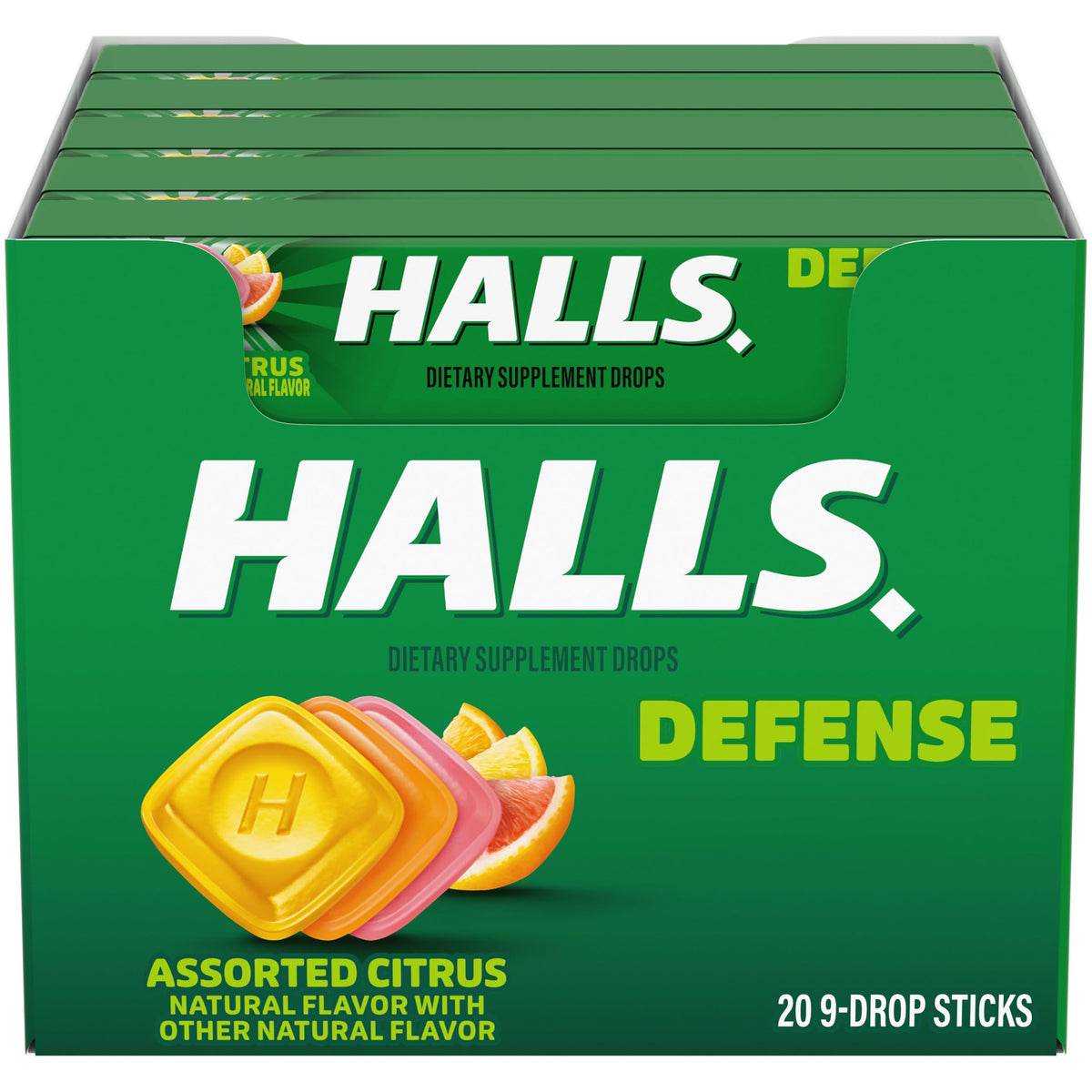 HALLS paquete frontal mostrando los 180 drops y conveniencia portátil