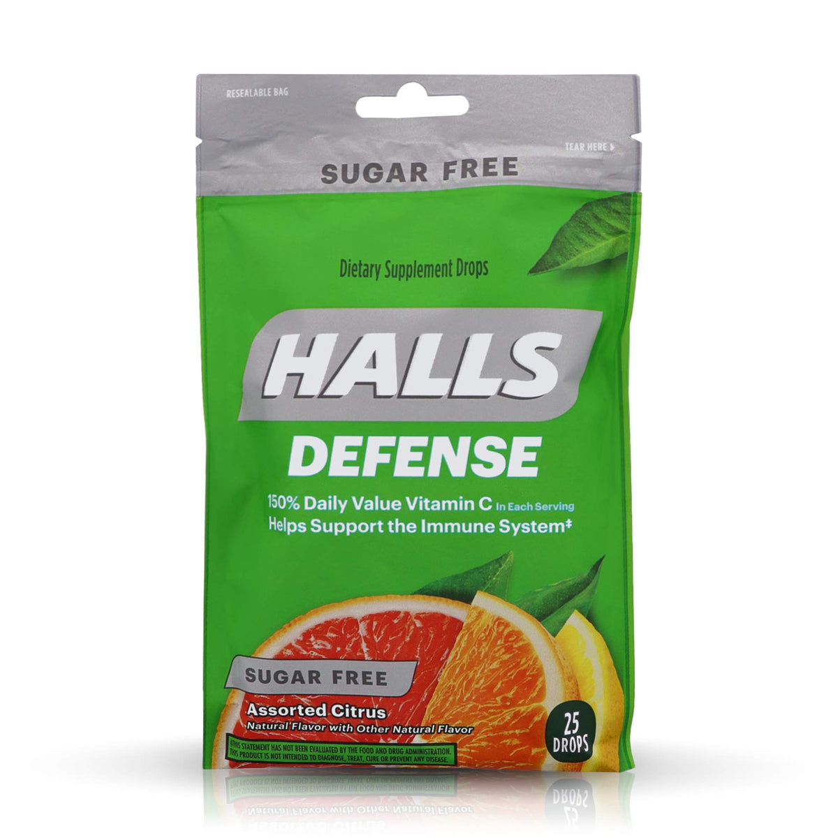 HALLS empaque frontal del pack de gotas vitamina C sin azúcar, práctico para llevar