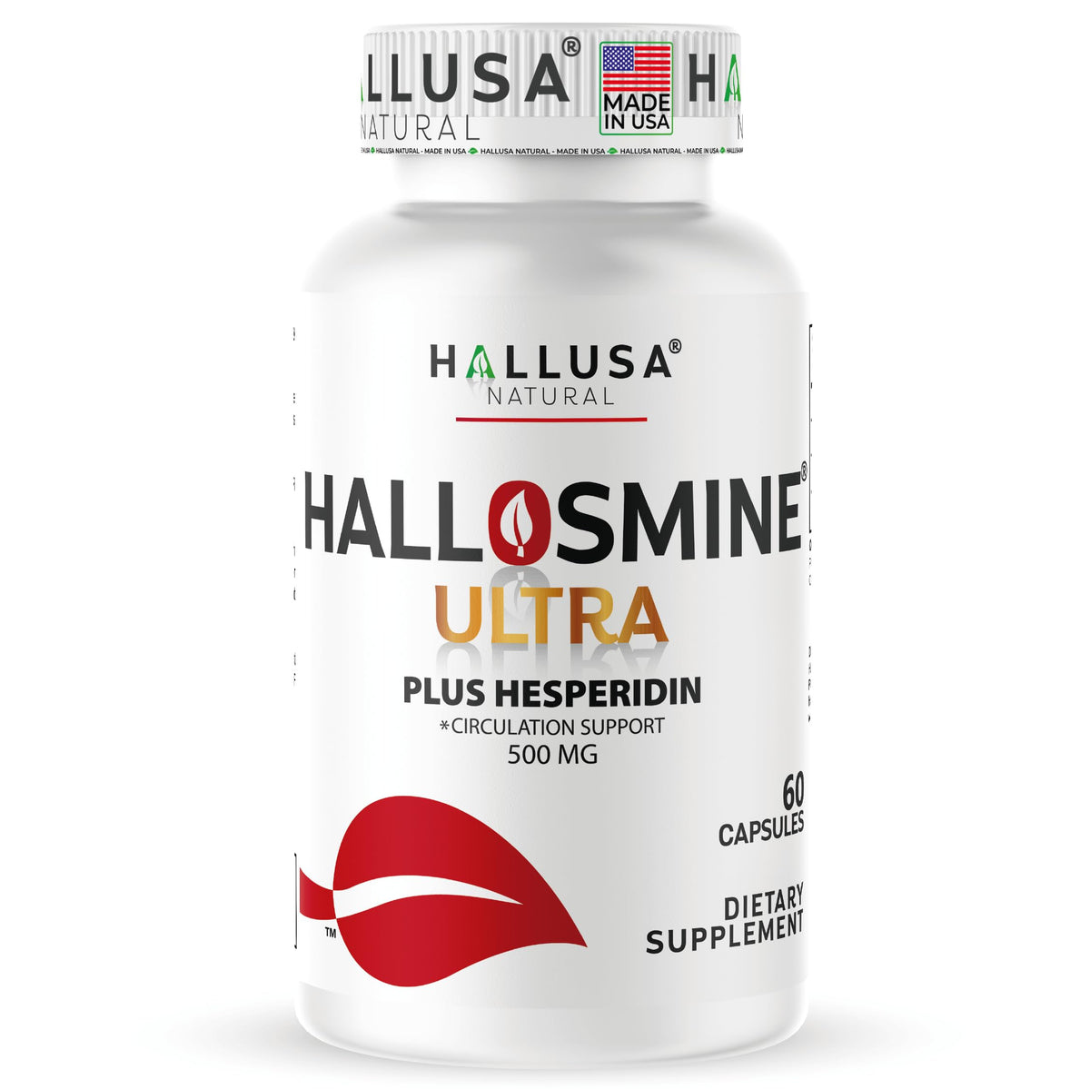 Hallusa Natural frasco Hallosmine Ultra frontal mostrando envase y beneficios
