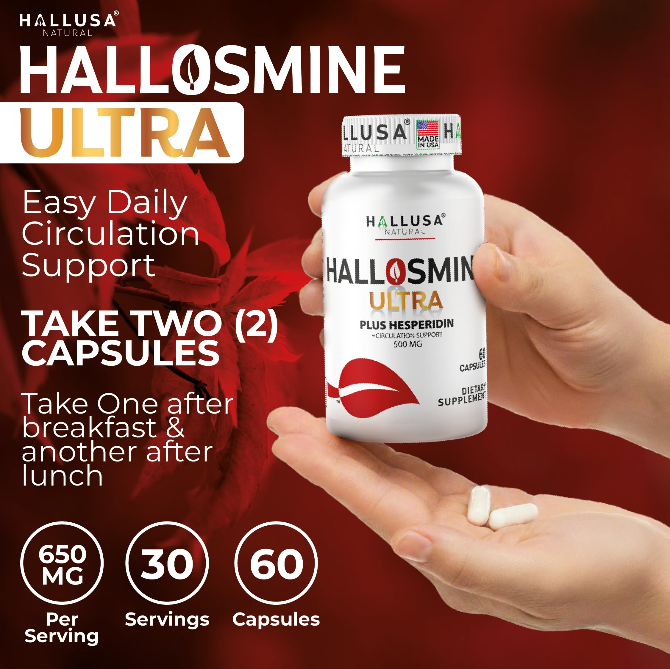 Persona sosteniendo cápsulas Hallosmine Ultra Hallusa Natural antes de tomar