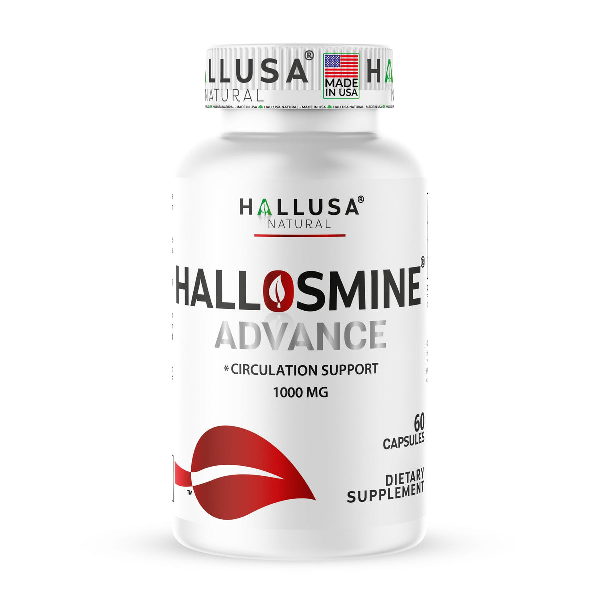 Hallusa Natural envase frontal mostrando 60 cápsulas y beneficio circulación