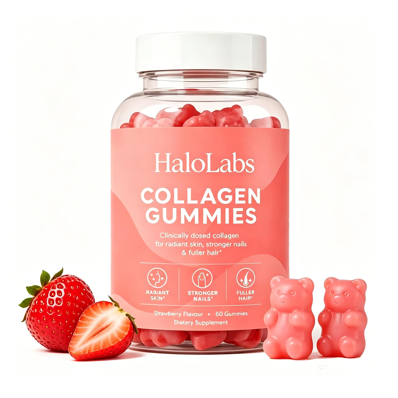 Halo Labs Collagen Gummies vista frontal del frasco, presentación clara