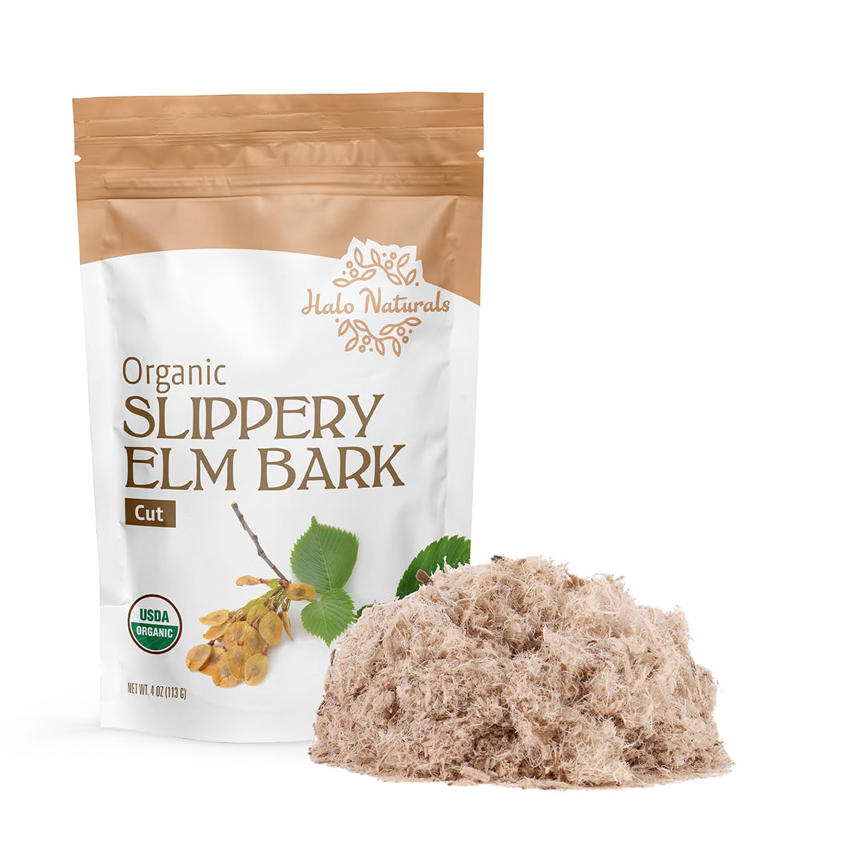 Halo Naturals paquete frontal mostrando corteza y sello orgánico para confianza