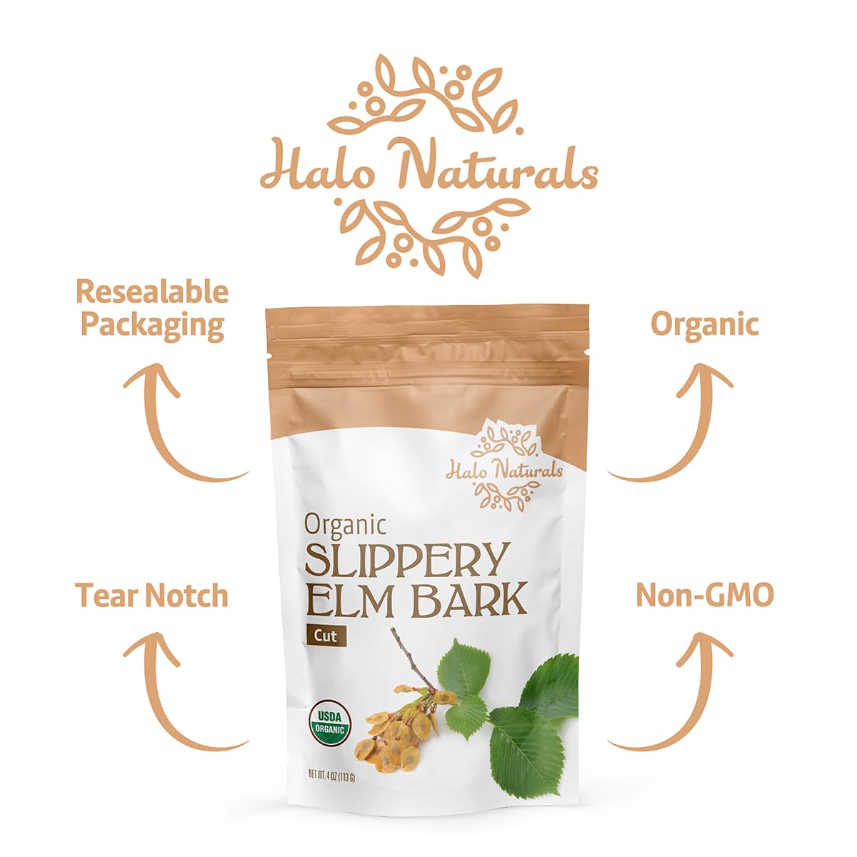 Halo Naturals etiqueta USDA Organic visible certificando origen orgánico