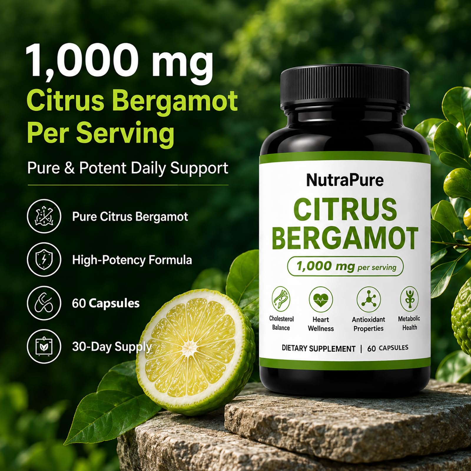 Halpilt Nutrapure cápsulas junto a frutas cítricas enfatizando origen natural