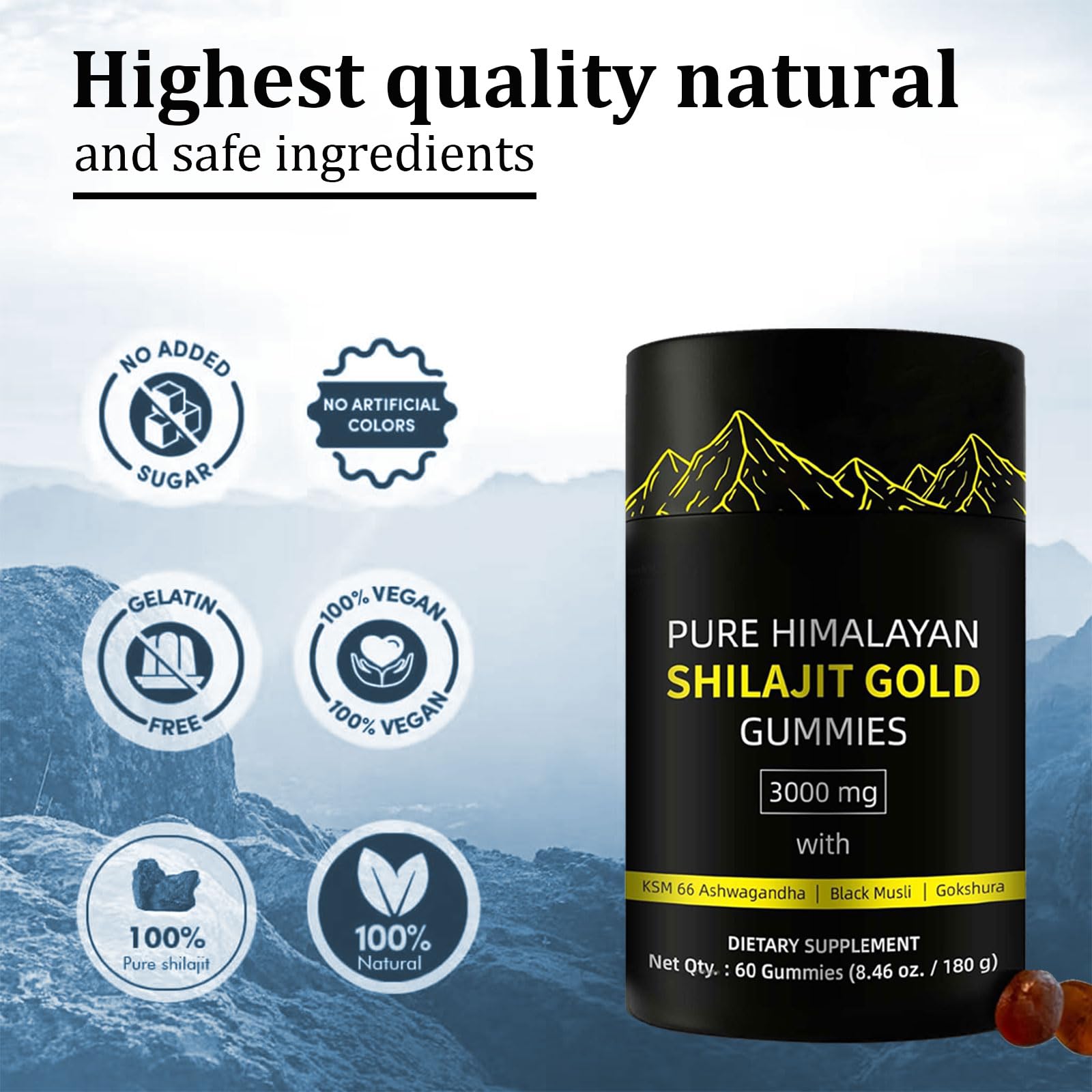 hanachi gomitas ingredientes: shilajit himalayo, ashwagandha y gokshura en foco