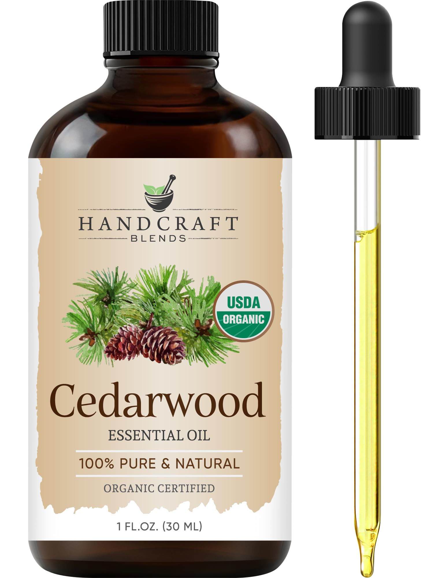 Handcraft Blends botella frente ámbar con etiqueta clara y protección UV