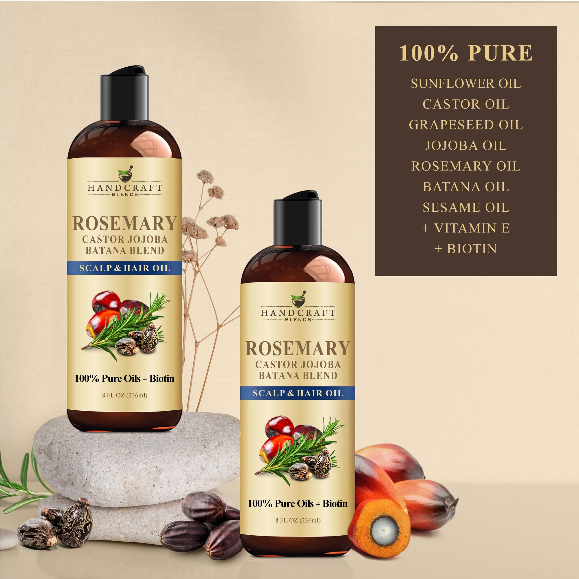 Handcraft Blends etiqueta con ingredientes, muestra composición natural y transparencia