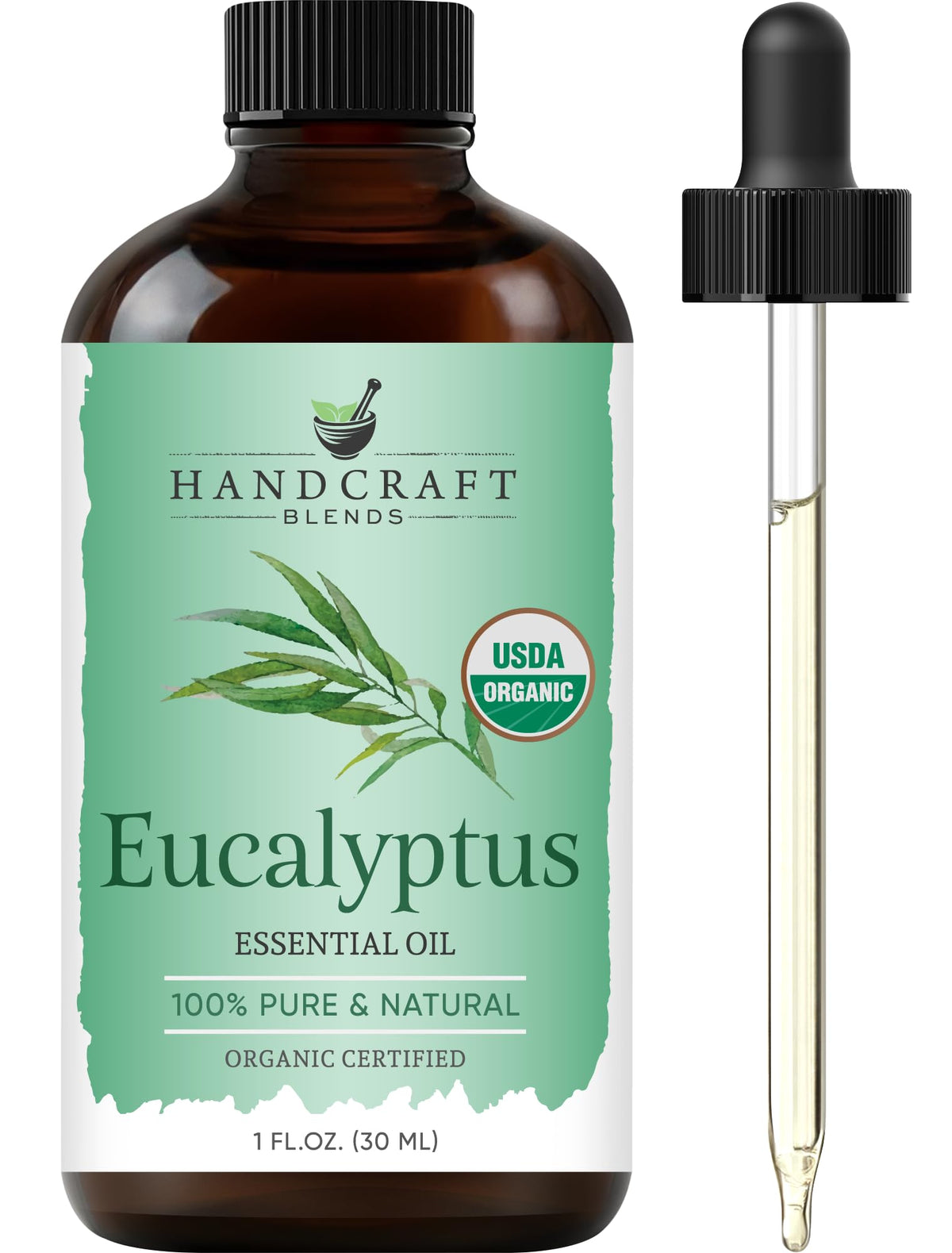 Handcraft Blends botella frontal de eucalipto orgánico mostrando etiqueta clara y beneficio de pureza