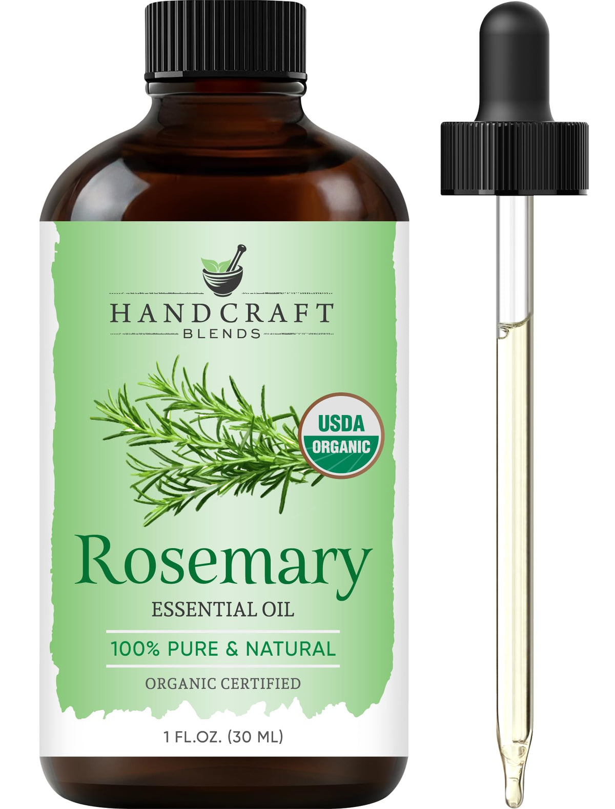 Handcraft Blends botella frontal ámbar con aceite de romero, protección UV y dosificación precisa