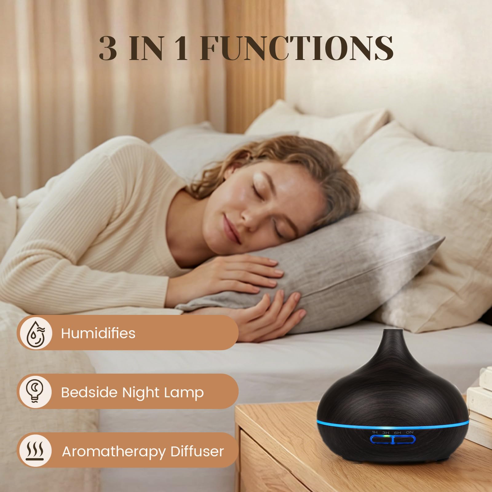 Luces LED de 7 colores del difusor Hanolly creando ambiente relajante