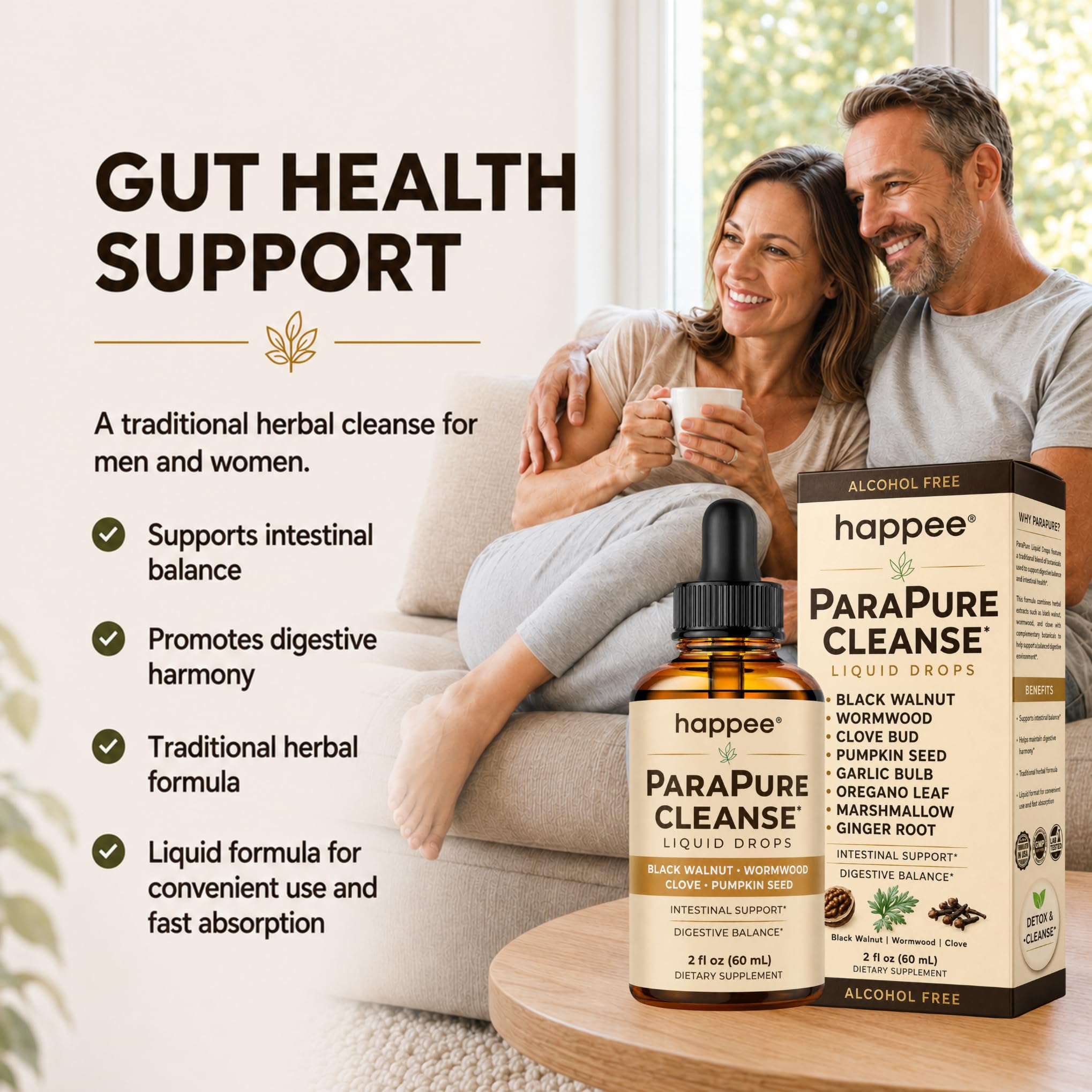 Happee etiqueta del producto con ingredientes y certificación GMP visible