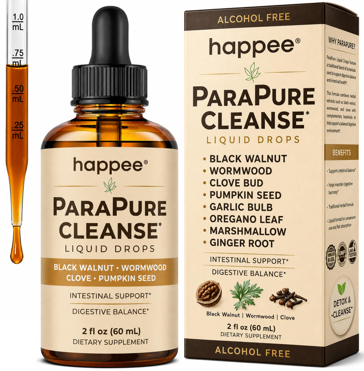 Happee frasco frontal de ParaPure Cleanse mostrando etiqueta clara y volumen
