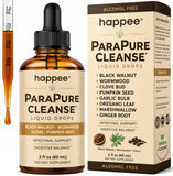 Happee frasco frontal de ParaPure Cleanse mostrando etiqueta clara y volumen
