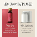 Happy Aging botella en cocina junto a frutas, sugiere uso diario sencillo