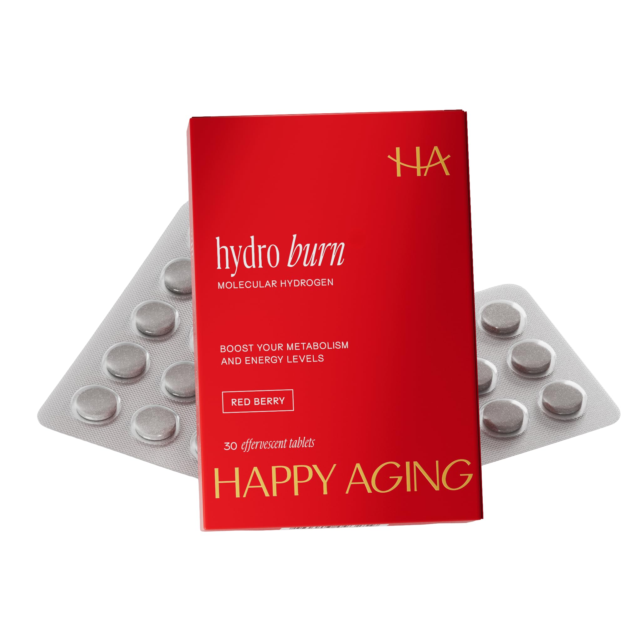 Happy Aging frente del envase mostrando 30 tabletas y fácil uso
