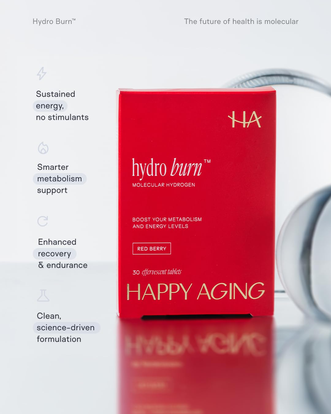 Happy Aging vaso con agua preparada y hidrógeno molecular listo para beber