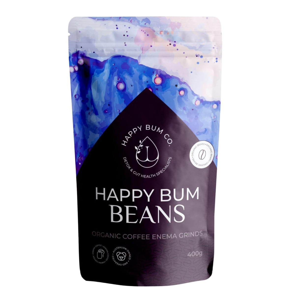 Happy Bum Co empaque frontal mostrando 400 g y beneficios orgánicos