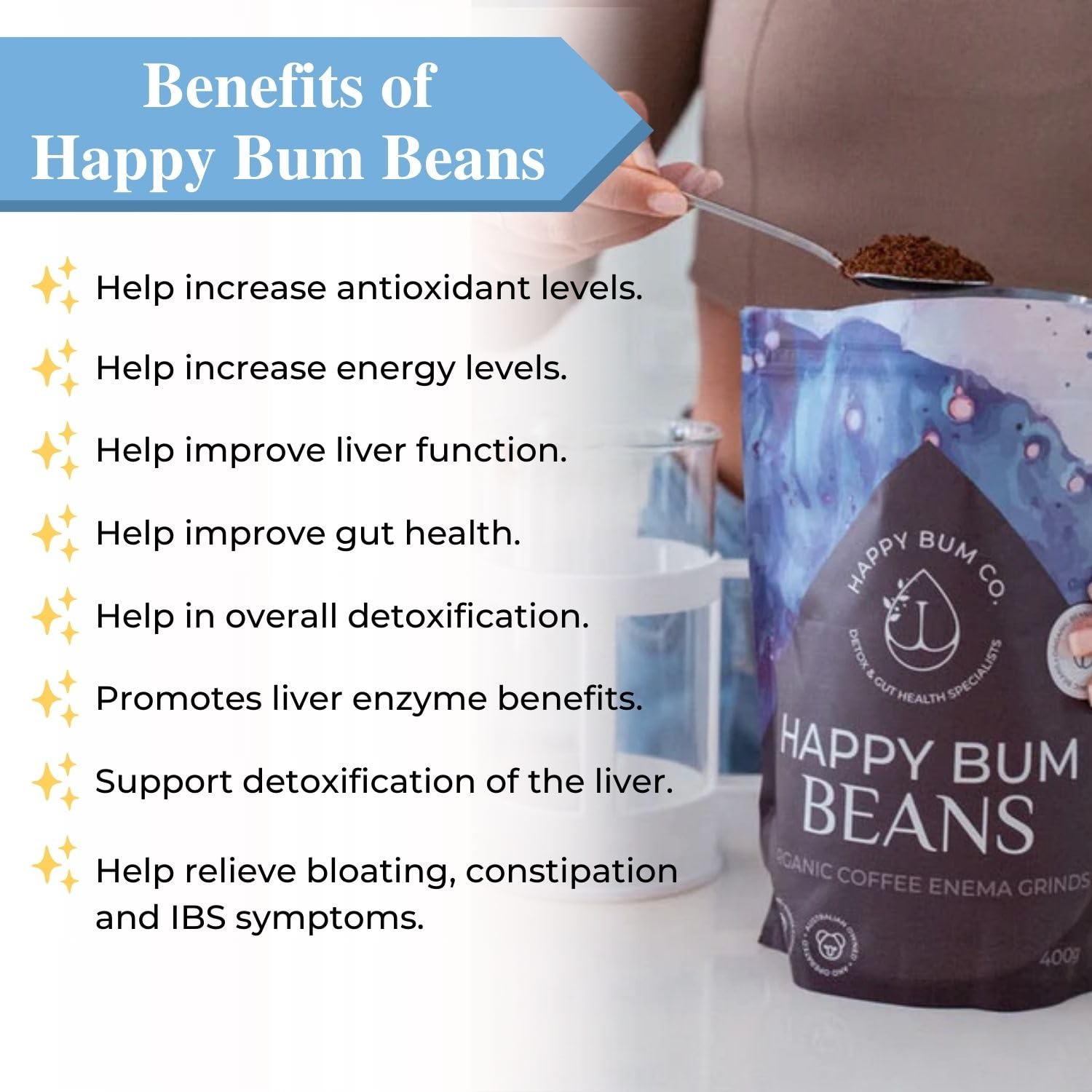 Happy Bum Co close-up de granos tostado medio, pureza visible