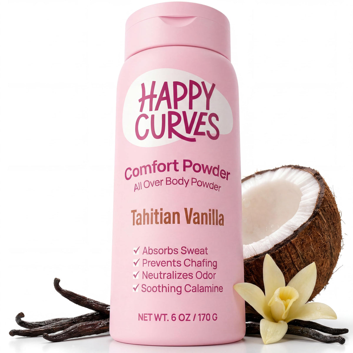 HAPPY CURVES frente del empaque muestra tamaño y aroma vainilla