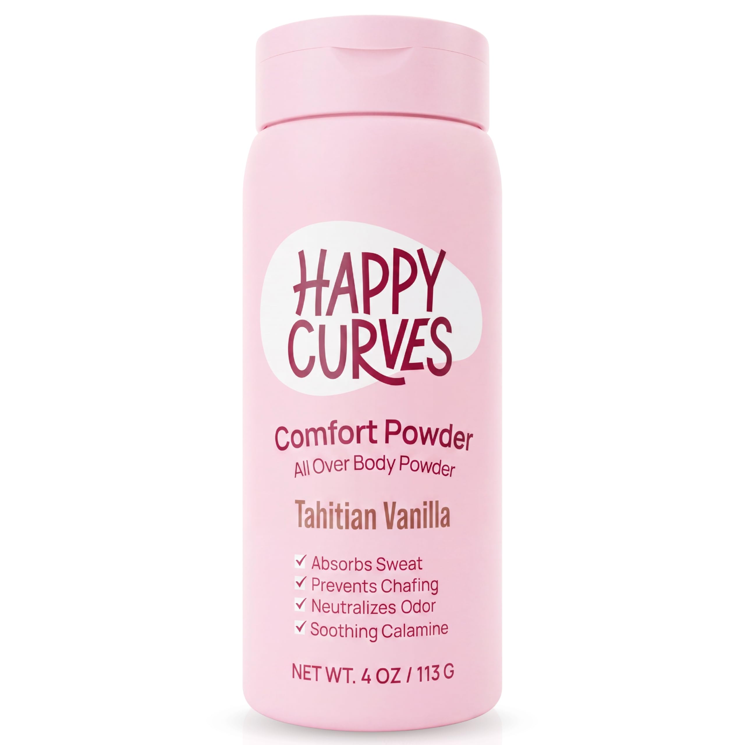 HAPPY CURVES frente del empaque mostrando el envase y fragancia Tahitian Vanilla, práctico