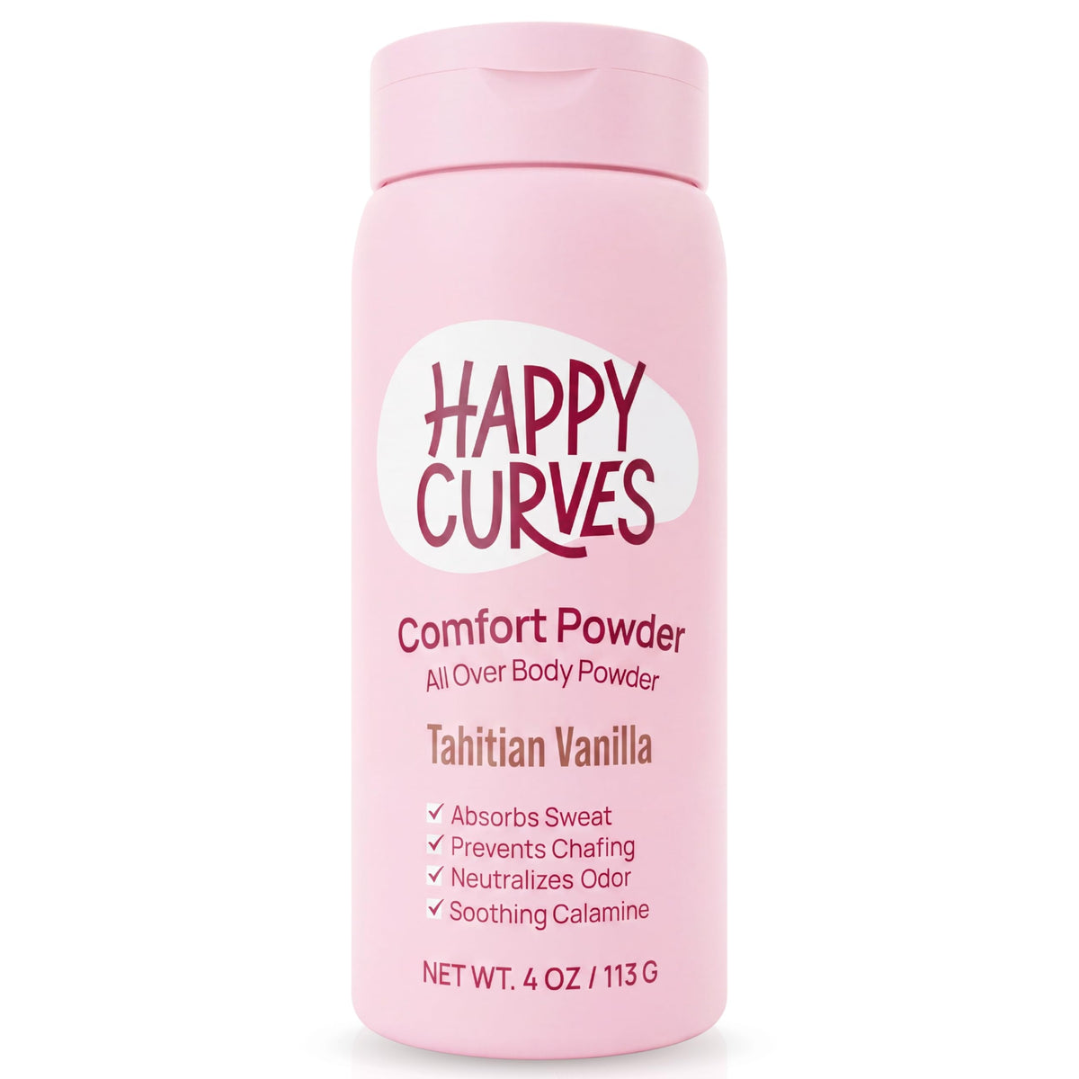HAPPY CURVES frente del empaque mostrando el envase y fragancia Tahitian Vanilla, práctico