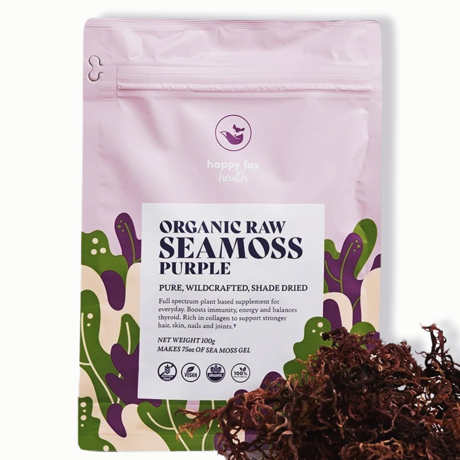 HAPPY FOX bolsa frontal del Sea Moss Purple mostrando tamaño y color, fácil identificación