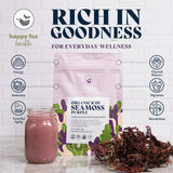 HAPPY FOX primer plano de textura seca del Sea Moss mostrando calidad y detalle