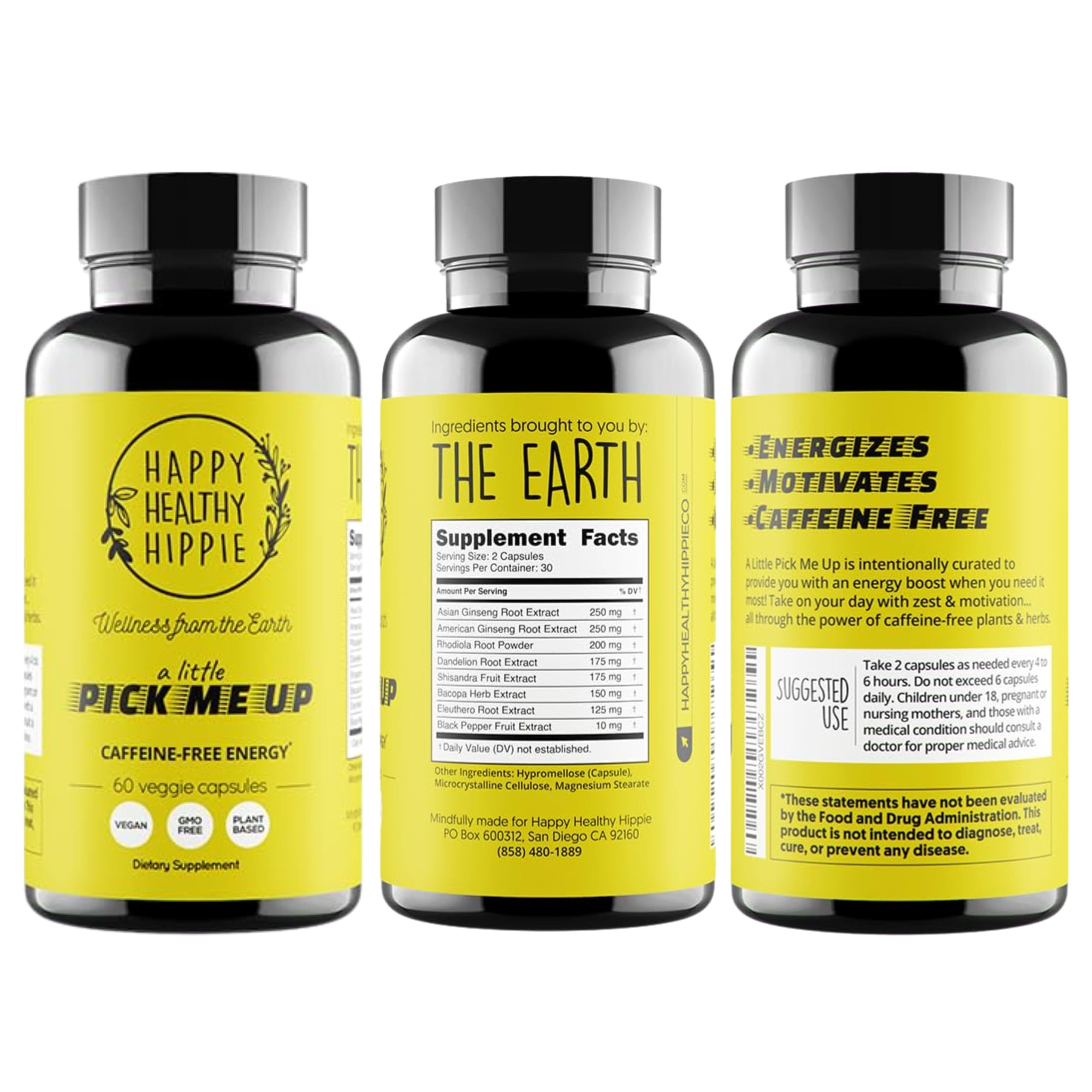 Happy Healthy Hippie botella abierta con cápsulas listas para tomar