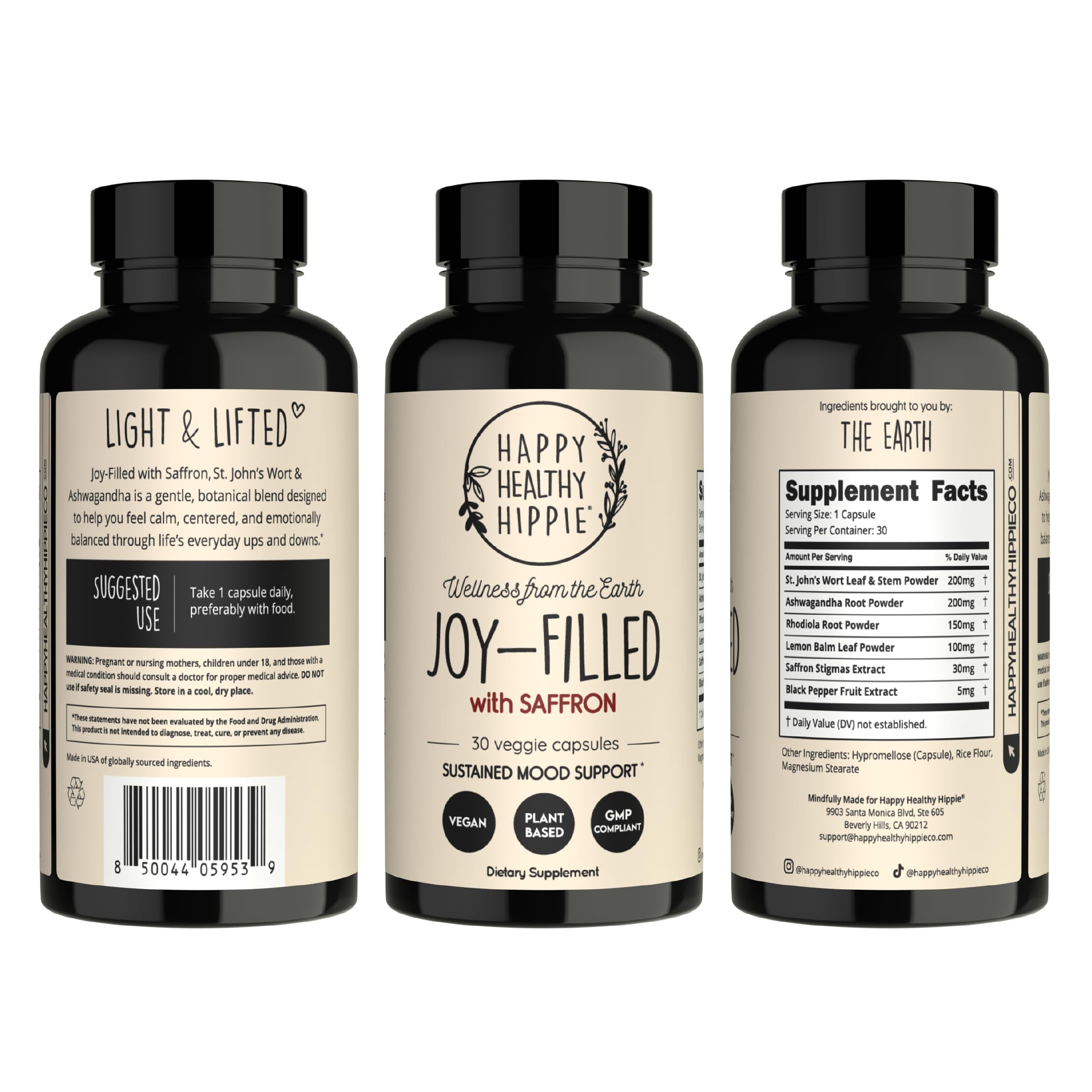 Happy Healthy Hippie caja rodeada de ingredientes orgánicos enfatizando naturalidad