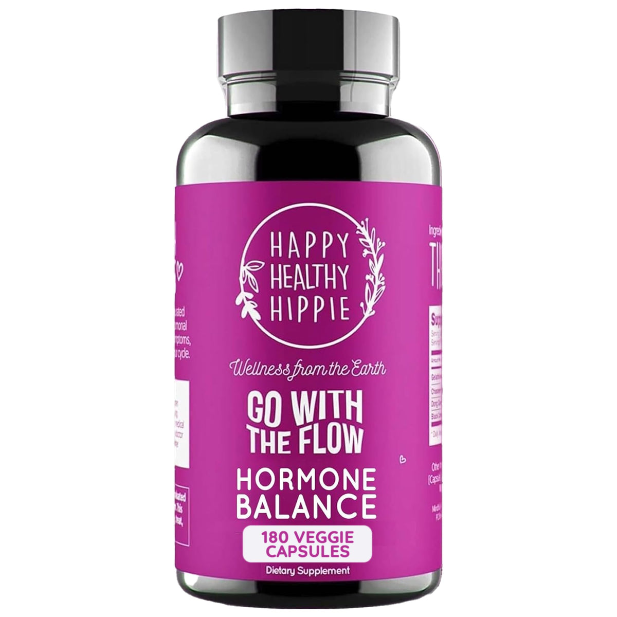 Happy Healthy Hippie frasco al frente mostrando 180 cápsulas y envase claro