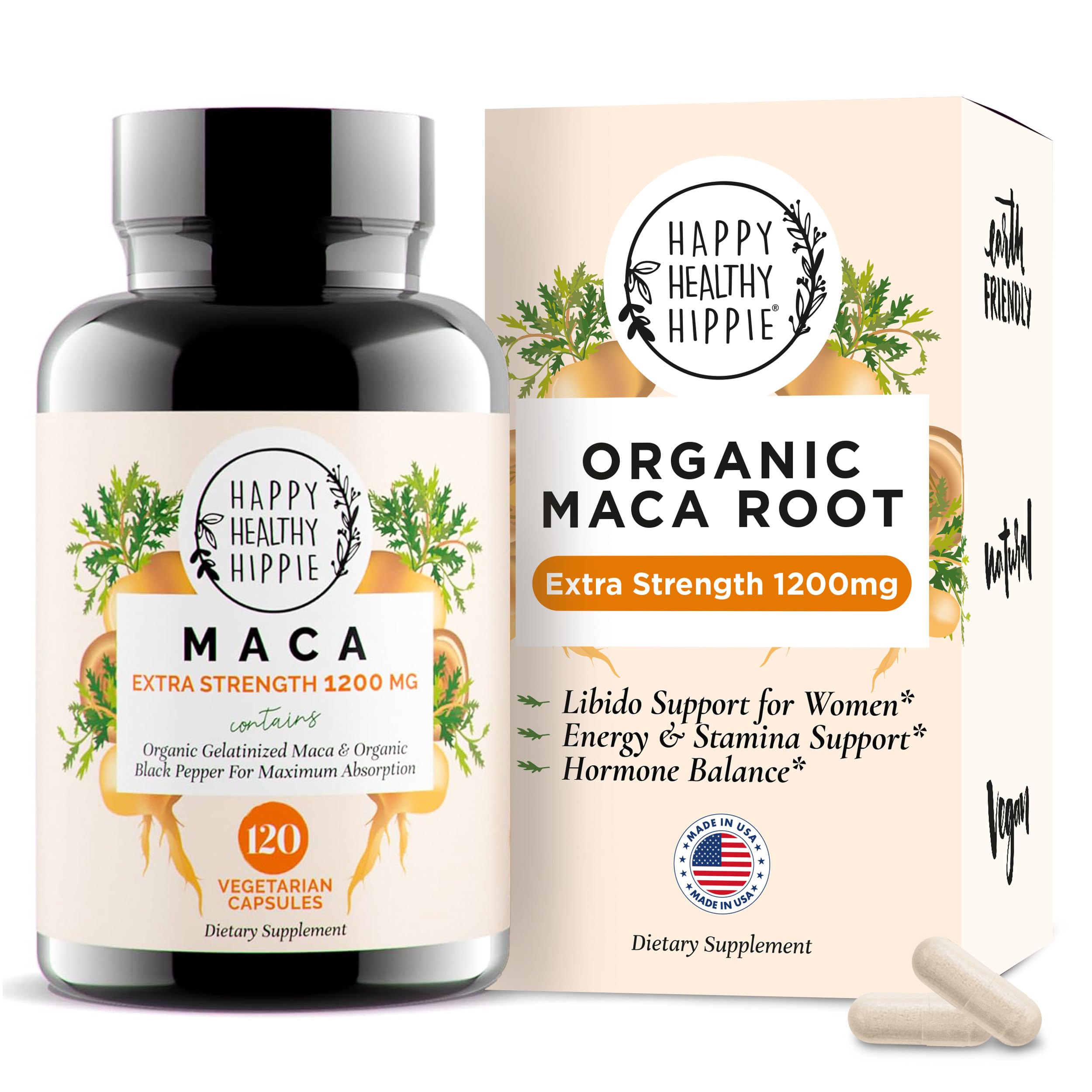 Happy Healthy Hippie frasco frontal mostrando cápsulas y dosis clara