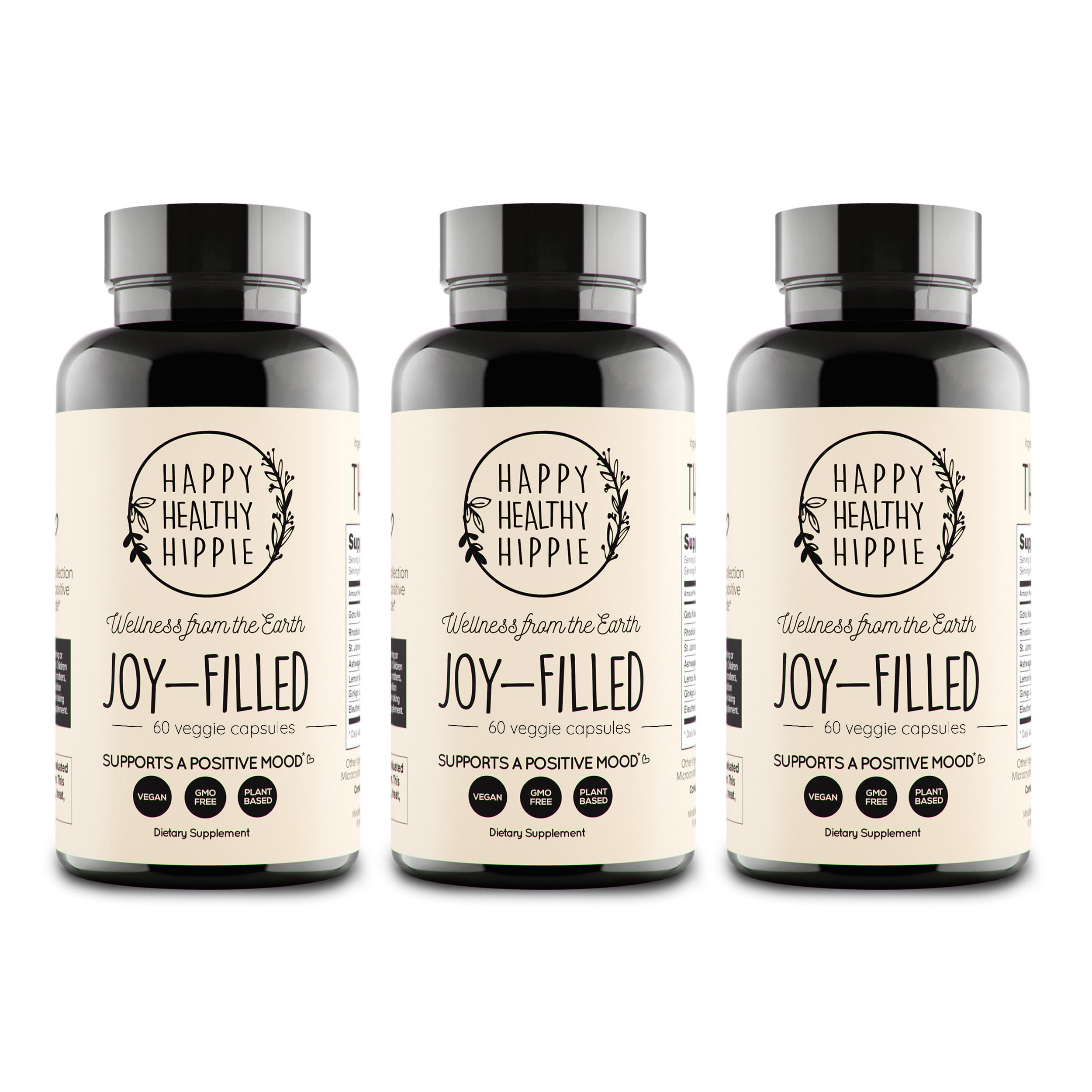Happy Healthy Hippie frasco frontal mostrando 180 cápsulas y atributos veganos