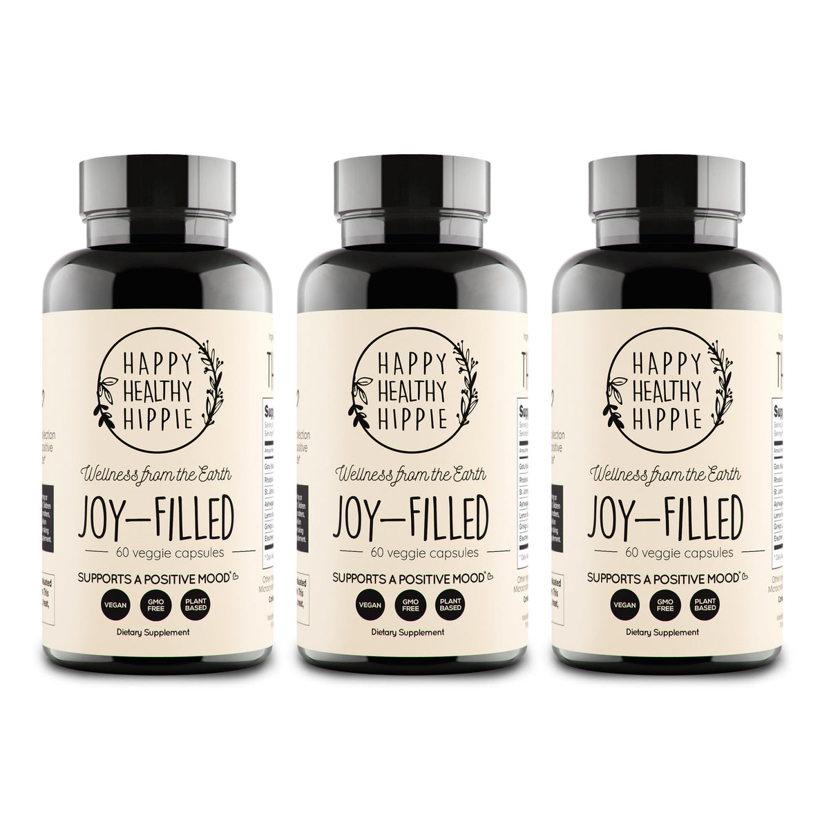 Happy Healthy Hippie frasco frontal mostrando 180 cápsulas y atributos veganos