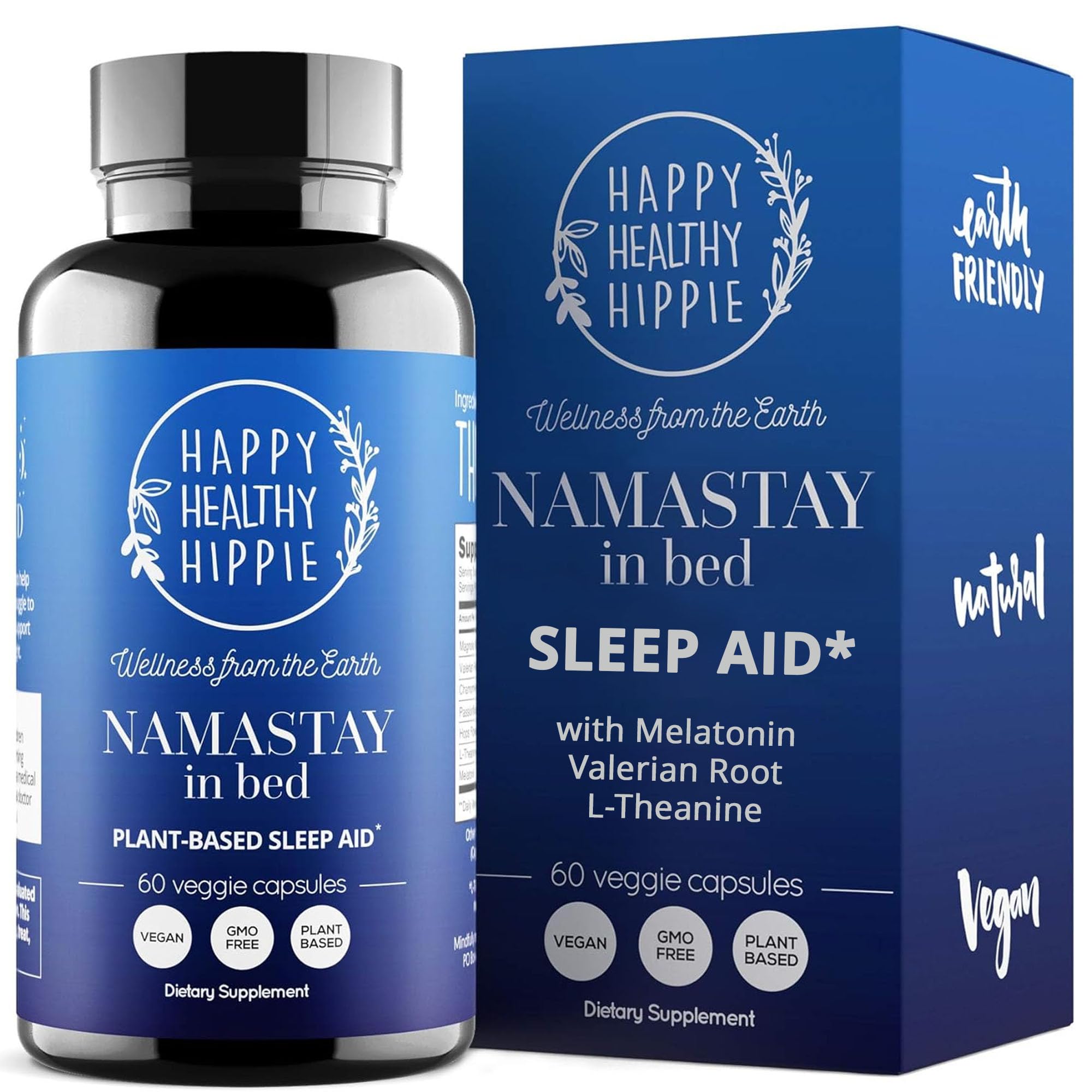 Happy Healthy Hippie frente del empaque mostrando 60 cápsulas y beneficios