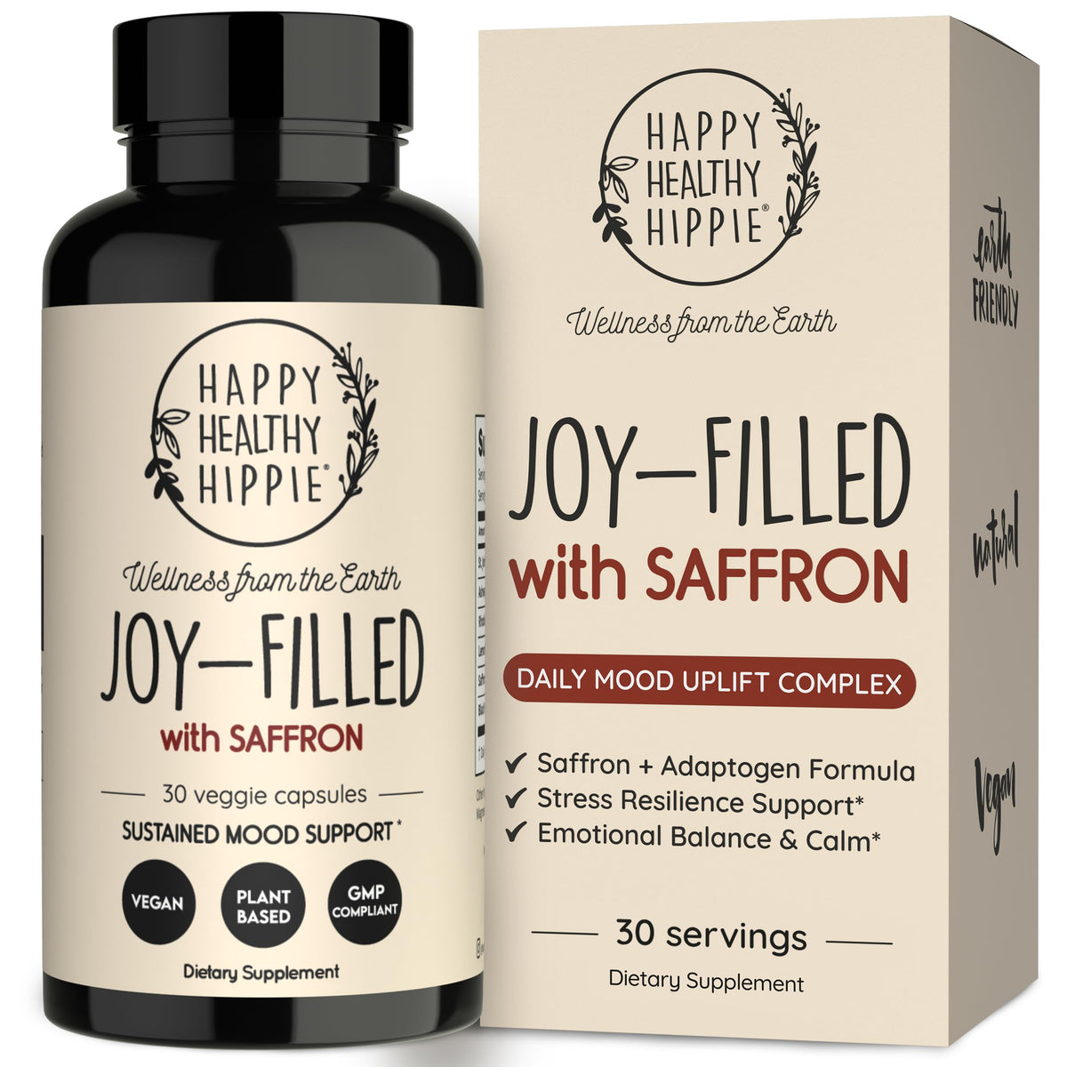 Happy Healthy Hippie frontal del empaque mostrando la fórmula y beneficios