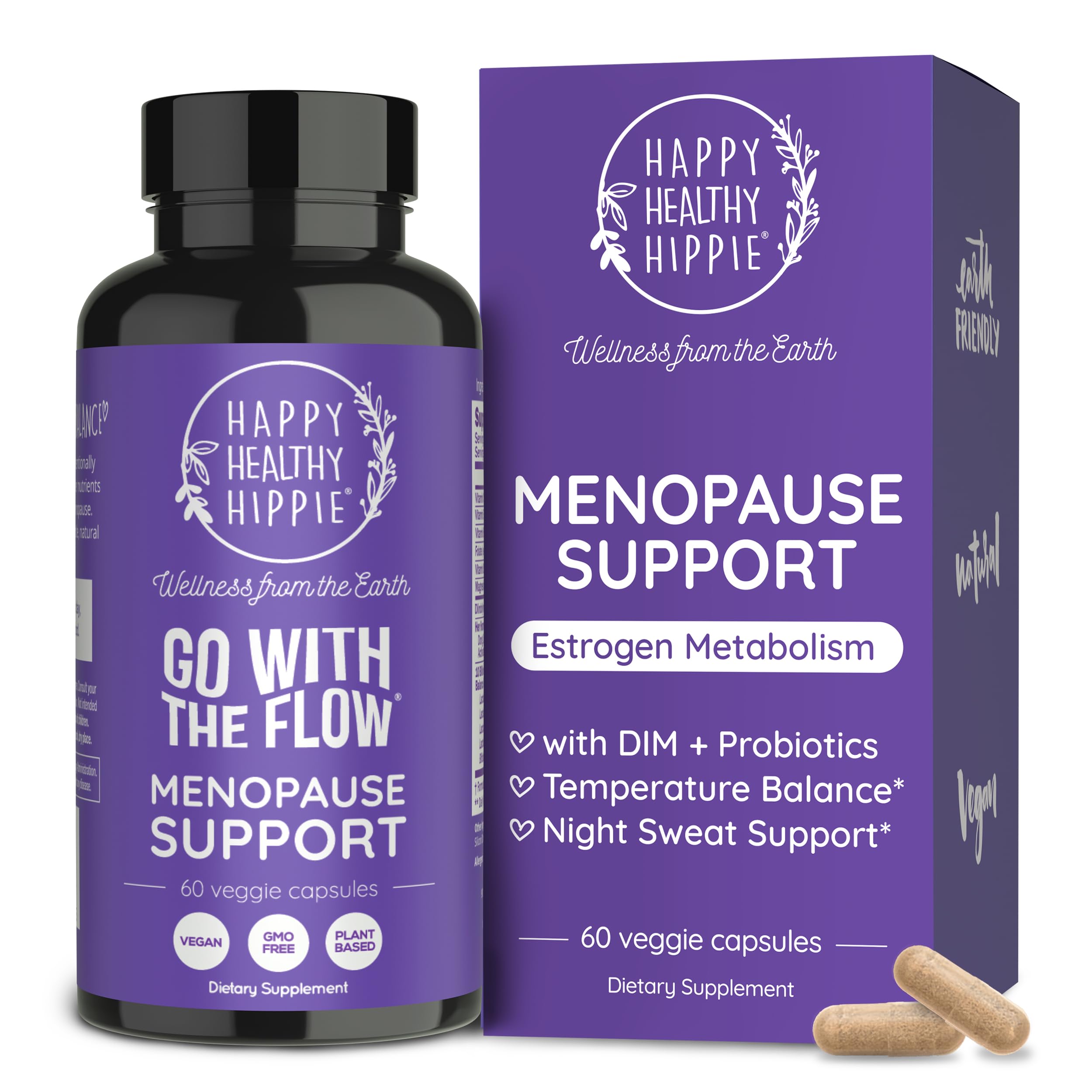 happy healthy hippie frente del envase mostrando 60 cápsulas y beneficios