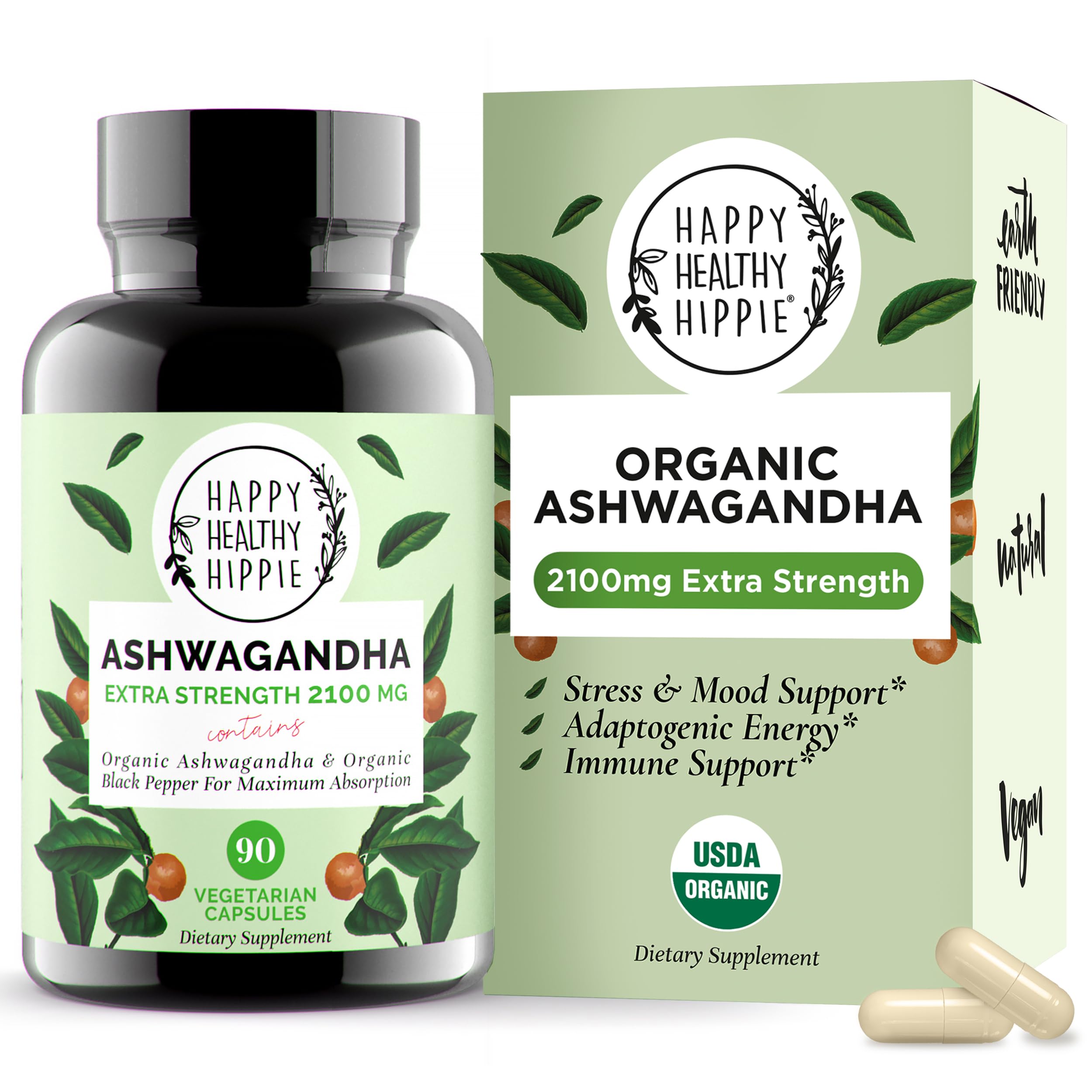 Happy Healthy Hippie frente del envase mostrando cápsulas y beneficio claridad